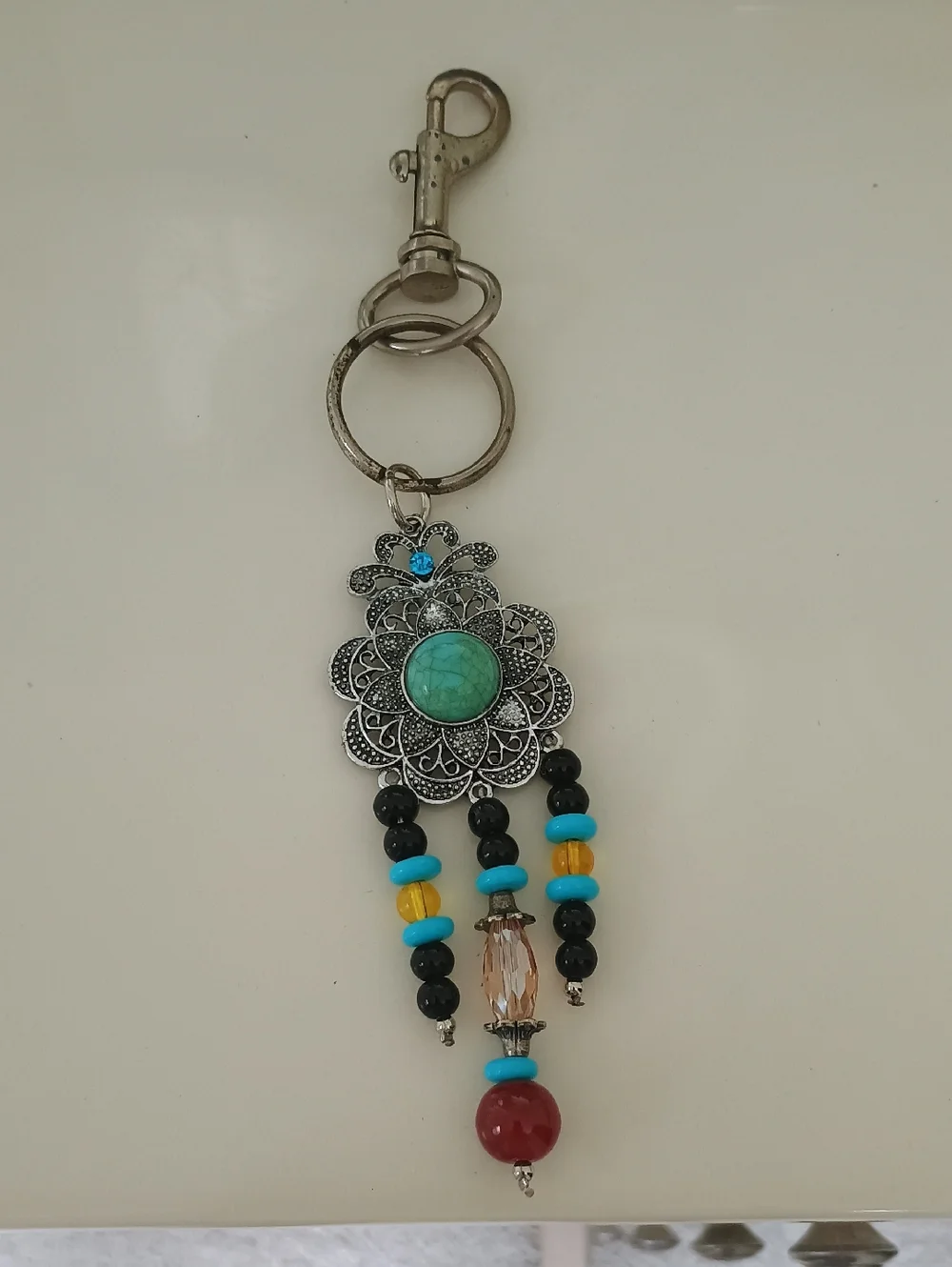 Boho Turquoise & Red Beaded Silver Keychain Charm